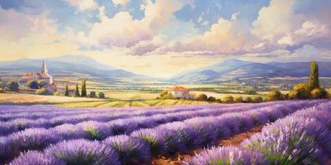 Wall Mural - A sunlit field of lavender in Provence, with rows of purple blooms stretching towards the horizon.