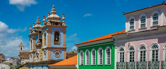 Magnificent historical buildings surrounding the infamous Pellorio square, where African slaves were traded  in Brazil until the late XIX c., Salvador, Bahia, Brazil