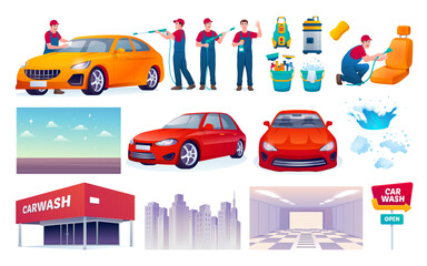 Wall Mural - Car wash flat cartoon icons set