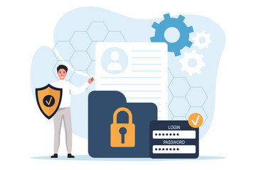 Character pass a two-level protection system,a character confident in the reliability of security, authorization and permission to access data. Data protection concept. Vector illustrations.