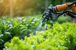 © TANATPON - Smart robotic farmer arm watering plants, Automatic agricultural technology, Futuristic Crops plant with smart tech concept.