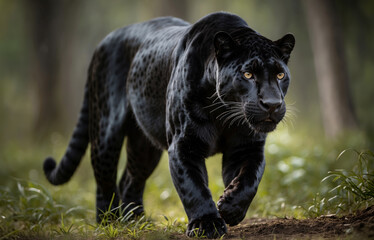 Wall Mural - Close up portrait of black jaguar walking