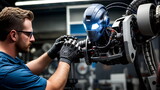 Fototapeta  - An engineer assembles the upper part of the robot