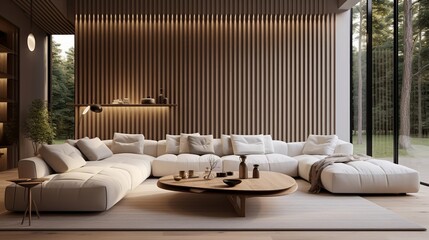 Wall Mural - Chic and stylish interior with a minimalist sofa set against a backdrop of wooden slats and ambient spherical lighting