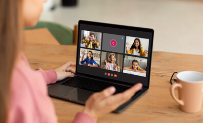 Poster - Back view of girl student have online lesson, using laptop