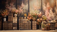 An Impressionistic Painting Of Rustic Wooden Filing Cabinets Overflowing With Blooming Flowers In A Sunlit, Vintage Office