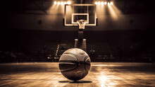 Vintage Sepia-toned Sketch Of An Old Leather Basketball Resting On A Wooden Hoop In An Empty, Dimly Lit Gymnasium