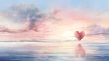Watercolor Painted Heart Adrift On A Serene Ocean Surface With A Soft Pencil-sketched Heartbeat Line Merging Into A Cloudy Sky Horizon