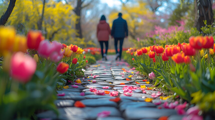 Couple walking on a cobblestone path - beautiful spring day - spring flowers -flower garden - park 