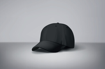 Sticker - Black baseball cap mock up in gray background. For branding and advertising.