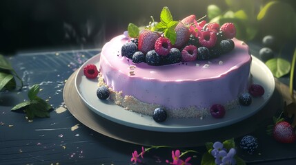 Wall Mural - Homemade cheesecake with fresh berries and nuts on a dark background.