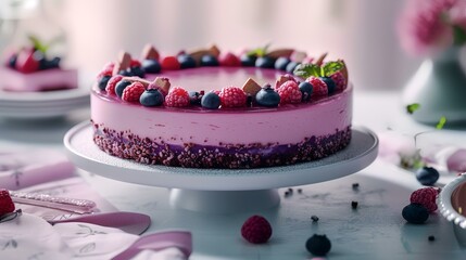 Wall Mural - Piece of delicious cake with fresh berries on light table, closeup