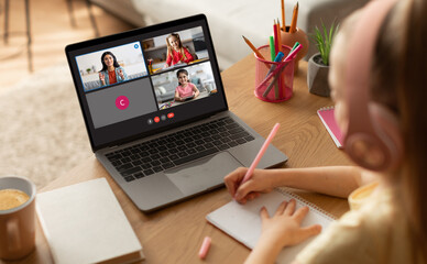 Poster - Girl pupil have online group class, using laptop and headphones