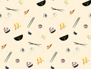 Wall Mural - Seamless pattern for sushi bar with grunge texture in retro collage style. Vector background of sushi, rolls, with halftone color effect.