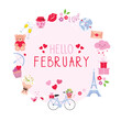 Hello February. Love elements round frame. Wreath of February elements.