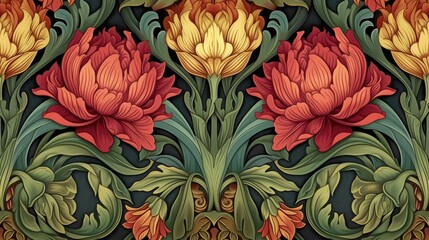 Wall Mural - Generative AI, Colorful floral pattern in the style of art nouveau 1900s, beautiful flowers and plants
