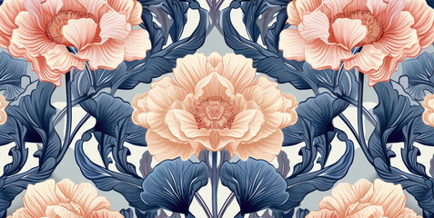Wall Mural - Generative AI, Colorful floral pattern in the style of art nouveau 1900s, beautiful flowers and plants