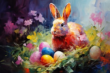 Whimsical easter bunny surrounded by colorful eggs in a beautiful blooming spring garden