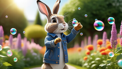 Wall Mural - Happy easter bunny with soap bubbles in the garden..  Generative AI