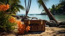 An Old-fashioned Travel Case Rests Beside A Palm Tree, Evoking Dreams Of Seaside Journeys.