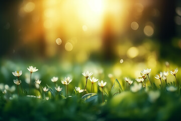 Wall Mural - Wild white flowers glowing in golden sunlight of serene forest