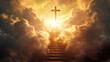 A holy cross surrounded by clouds and sunlight. The concept of the resurrection of Jesus Christ, Happy Easter.