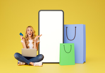 Poster - Excited Blonde Lady Shopping With Laptop And Credit Card, Collage