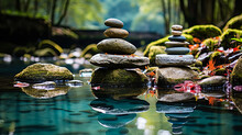 Witness The Serene Beauty Of A Balance Of Stones In A Flowing River