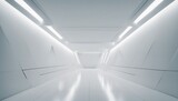 Fototapeta Przestrzenne - Empty Long Light Corridor abd Modern white background. Futuristic Sci-Fi Triangle Tunnel

