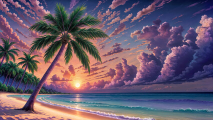 Wall Mural - Caribbean island beach with coconut palm trees and spectacular orange golden hour sunset with purple clouds over a turquoise blue calm ocean in summer. 