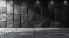 Black And Grey Tiles On The Wall And Floor With Spotlights Shining From Above