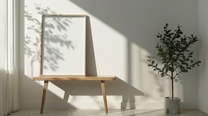 Poster - Minimalist room interior with an empty frame on a table near a room flower