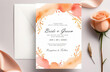 Watercolor peach colored wedding invitation card template set with floral decoration, coral colored rose near it. Abstract background invitation, multi-purpose vector