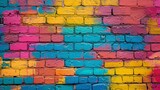 Fototapeta Młodzieżowe - full-frame image of a colorful, graffiti-covered brick wall, with each brick layered in a spectrum of vivid hues