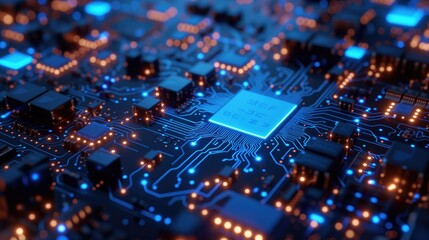 Poster - An intricate high-tech circuit board featuring a central processor with a glowing blue light, symbolizing advanced technology and computing power.