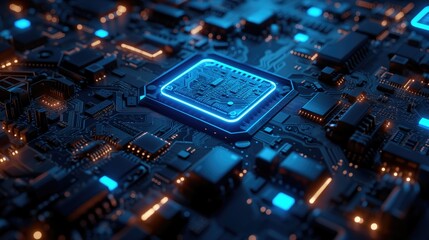 Poster - Futuristic Circuit Board with Glowing Blue Lights