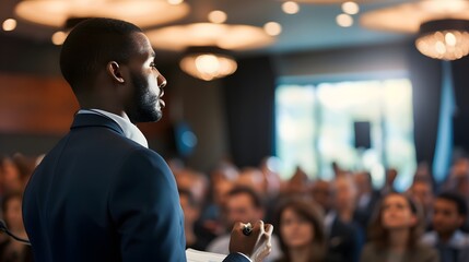 Black male speaker at a business conference presents his ideas