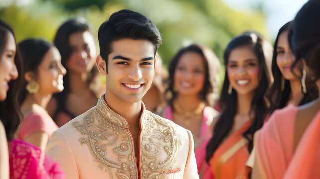 An attractive young Indian male groom ready for his wedding surrounded by admiring women
