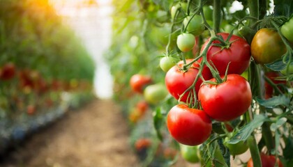 Wall Mural - Tomatoes growing in a greenhouse. Organic agriculture. Eco green business