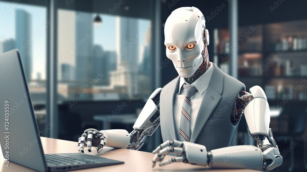 A modern robot works in an office and types on a keyboard behind a ...