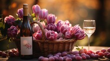 Basket With Easter Eggs, Cake, Bottle Of Wine And Tulip Flowers On Lilac Background