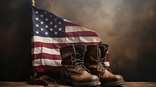 Old Combat Boots And Dog Tags With American Flag. Neural Network AI Generated Art
