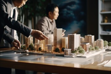Poster - Two men are focused on a model of a city. Ideal for business, planning, and urban development concepts