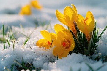 Poster - Yellow flowers gracefully sit on top of a snowy ground. This image can be used to represent the beauty of nature in winter