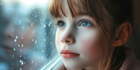Poster - A little girl is seen looking out a window at the rain. This image can be used to depict curiosity, contemplation, or a rainy day scene