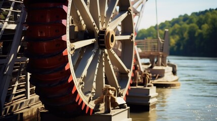 Poster - A large wheel sitting on top of a body of water. Can be used to depict a serene and peaceful scene