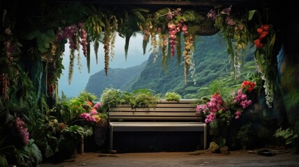 Aufkleber - A peaceful bench nestled among a vibrant display of colorful flowers and lush greenery. Perfect for adding a touch of tranquility to any project or design