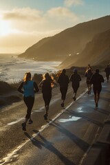 Poster - A group of people running down a road next to the ocean. Perfect for fitness and active lifestyle concepts