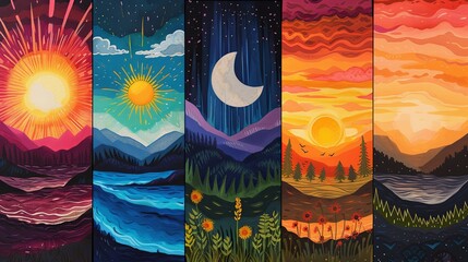 designs side by side that represent 5 stages of the day. Dawn, Day, Evening, Sunset, Night. Each design is created in colourful whimsical gouache art style.