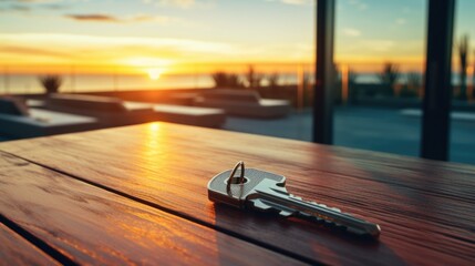 Aufkleber - A single key placed on top of a wooden table. This versatile image can be used to represent concepts such as security, access, home, and more